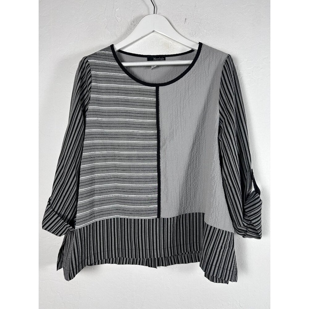 Moonlight Women Striped Crinkle 3/4 Sleeve Scoop Neck Tunic Top Medium Gray NWOT